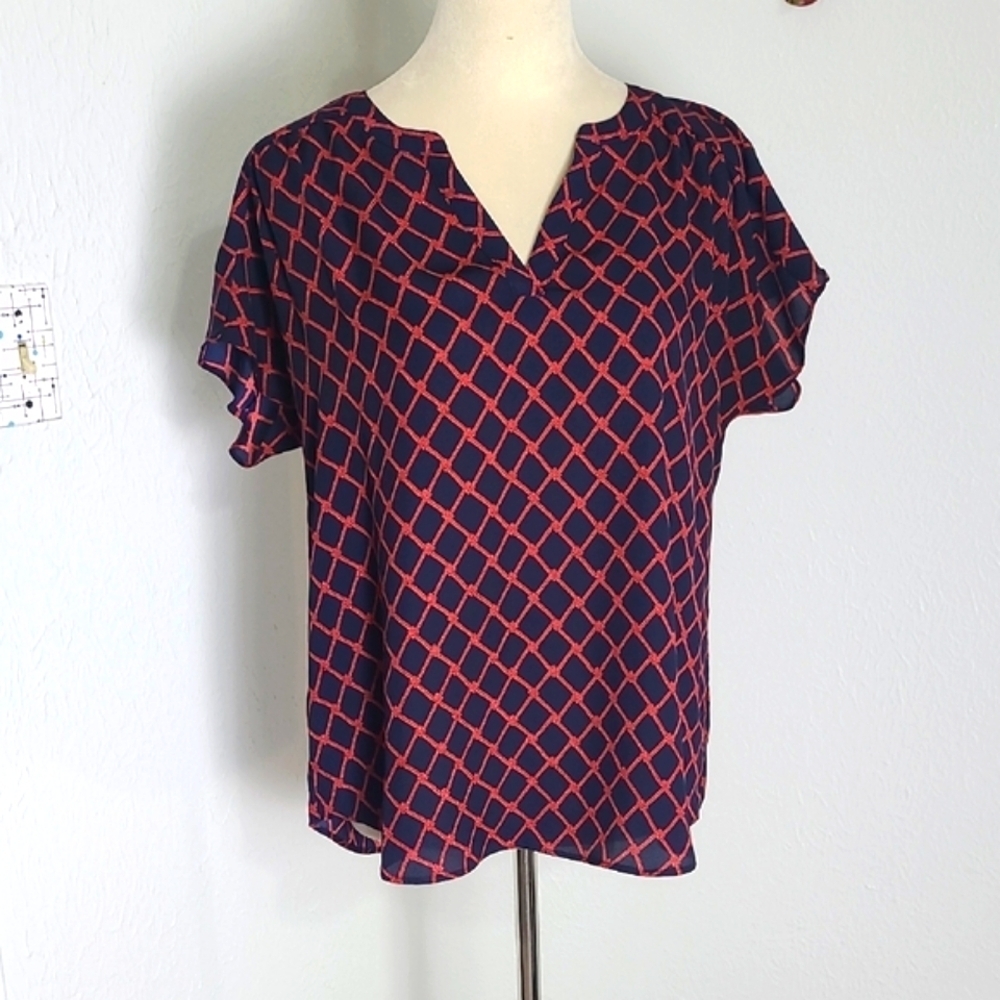 Banana Republic Navy Blue & Red Geometric Top with Flutter Sleeves, Size Medium
